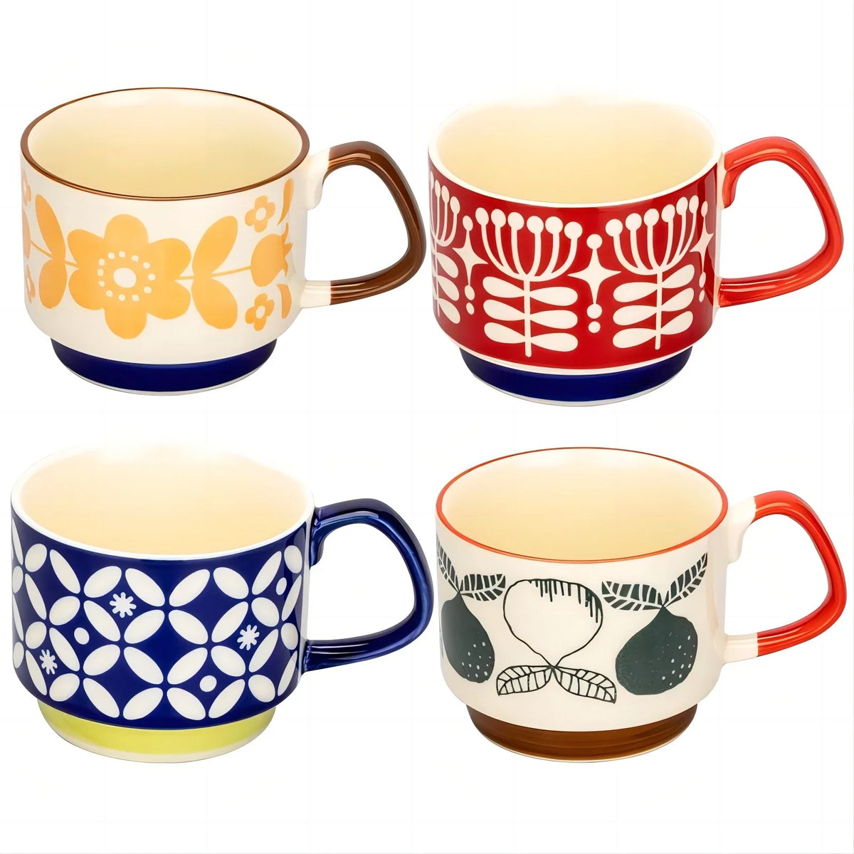4pcs Set Ceramic Ear Hanging Coffee Mug Underglaze Colored Breakfast Milk Oatmeal Cup Japanese Retro Style Lovers Mug Stackable