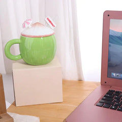 Large Capacity Ceramic Coconut Mug Convenient Handle Comfortable Grip Creative Coffee Cups with Lid Easy To Clean Heat-resistant