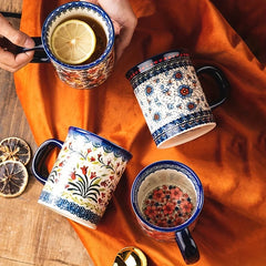 Bohemian Style Ceramic Mug, Hand-Painted Floral Pattern, Microwave Oven Compatible, Suitable for Coffee and Tea Consumption.