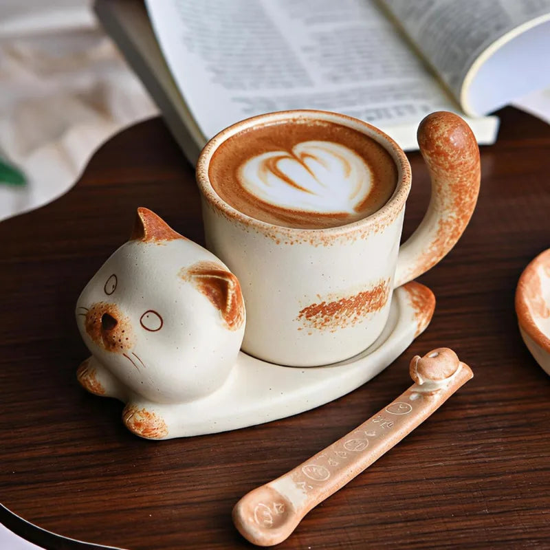 Ceramic Cat Coffee Mug Saucer Set Cute Cartoon Tea Cup Vintage Pottery Milk Cup Espresso Drinkware Home Cafe Gift Tableware