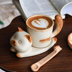Ceramic Cat Coffee Mug Saucer Set Cute Cartoon Tea Cup Vintage Pottery Milk Cup Espresso Drinkware Home Cafe Gift Tableware