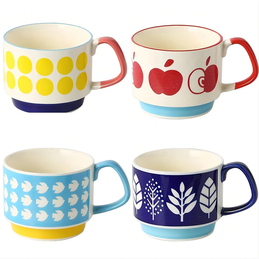 4pcs Set Ceramic Ear Hanging Coffee Mug Underglaze Colored Breakfast Milk Oatmeal Cup Japanese Retro Style Lovers Mug Stackable