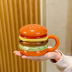 Bright Fun Colors Burger-Shaped Ceramic Mug with Lid Comfortable Grip Hamburger Mug 420ml Cartoon Breakfast Cup Birthday Gift