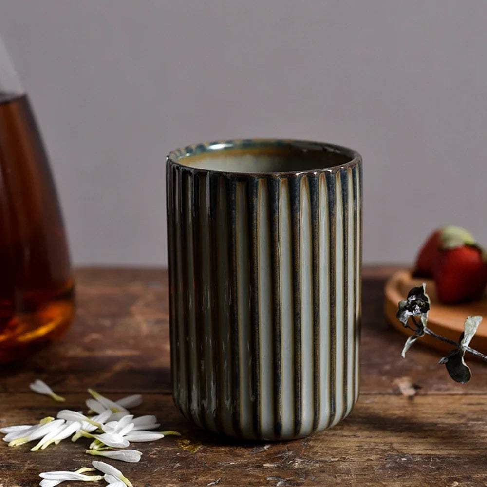 Vertical Striped Ceramic Coffee Mug, Exquisite Teacup, 300ml, Sake, Sushi, Family Restaurant Dinnerware, Wholesale Cups