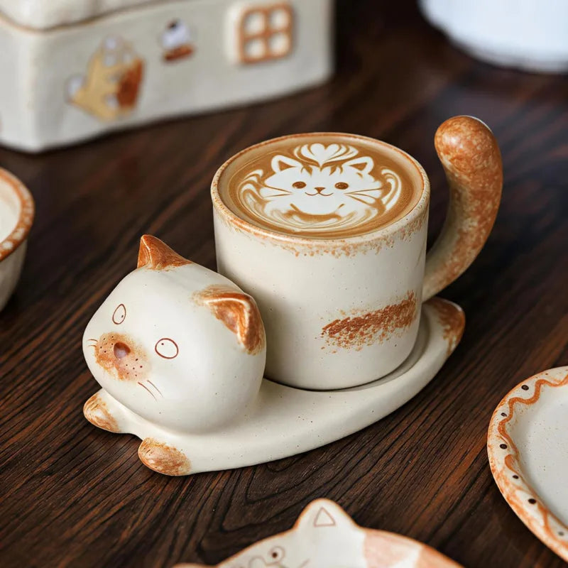 Ceramic Cat Coffee Mug Saucer Set Cute Cartoon Handmade Porcelain Tea Cup Vintage Latte Drinkware Home Cafe Tableware Gift