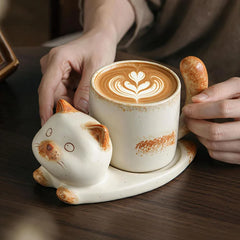 Ceramic Cat Coffee Mug Saucer Set Cute Cartoon Tea Cup Vintage Pottery Milk Cup Espresso Drinkware Home Cafe Gift Tableware