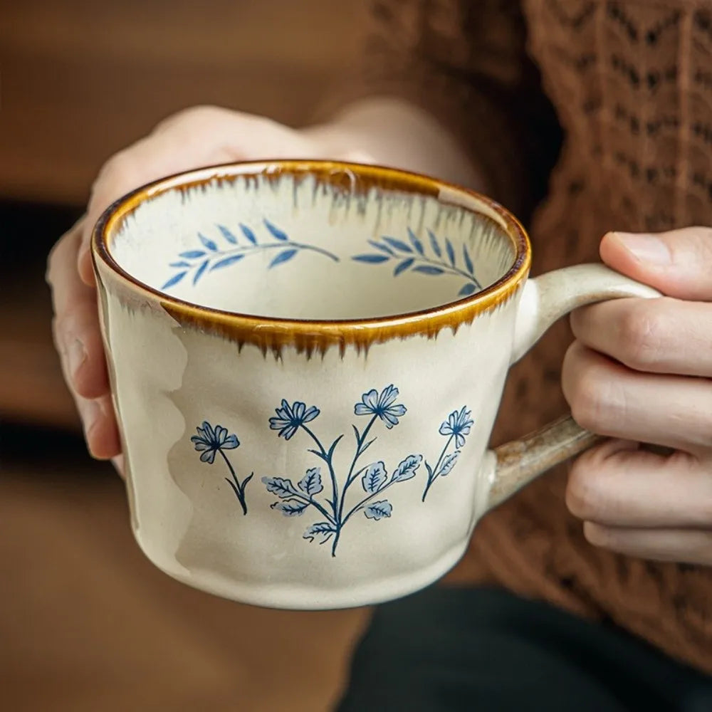 Microwave Safe Ceramic Coffee Cup 385ml Non-slip Antique Style Mug Heat-resistant Comfortable Grip Breakfast Cup Kitchen
