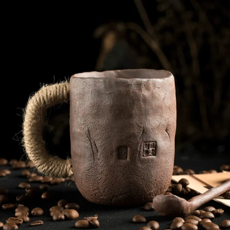 Handmade thick ceramic mug with lid spoon creative tie rope ceramic large capacity Japanese coffee cup cups