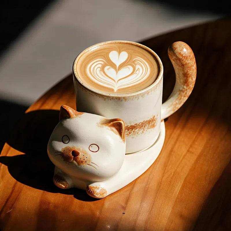 Ceramic Cat Coffee Mug Saucer Set Cute Cartoon Tea Cup Vintage Pottery Milk Cup Espresso Drinkware Home Cafe Gift Tableware