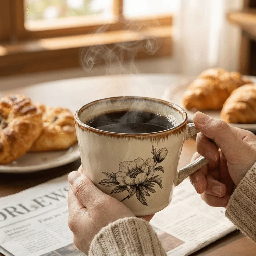 Microwave Safe Ceramic Coffee Cup Non-slip 385ml Exquisite Water Cup Heat-resistant Comfortable Grip Antique Style Mug Kitchen