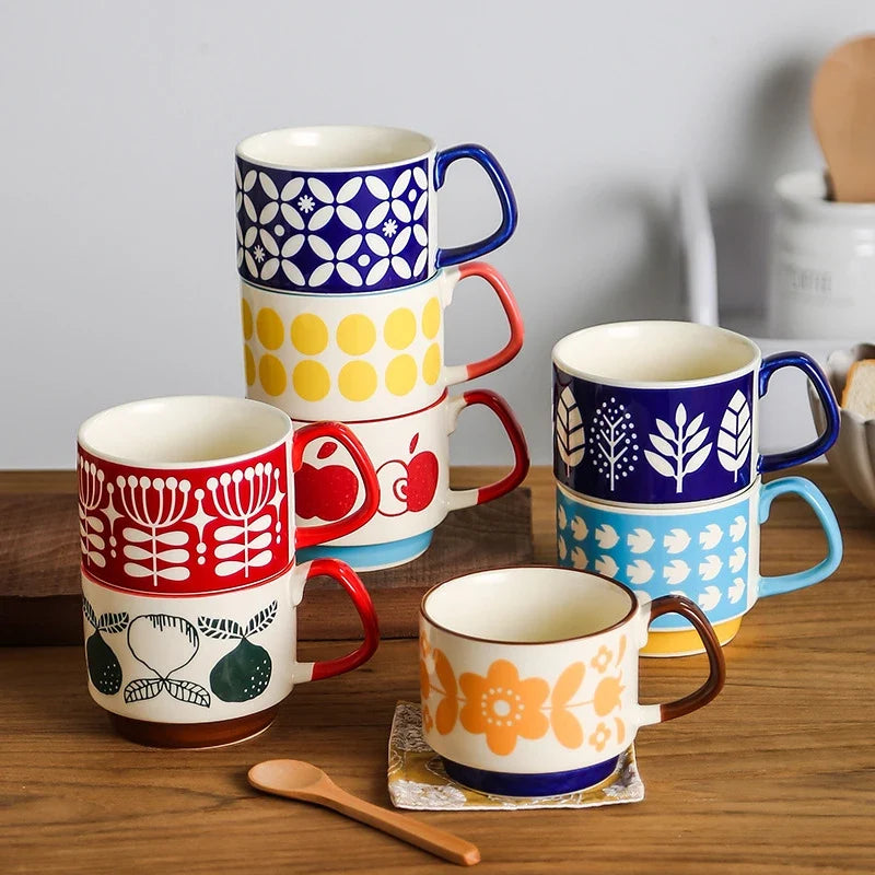 4pcs Set Ceramic Ear Hanging Coffee Mug Underglaze Colored Breakfast Milk Oatmeal Cup Japanese Retro Style Lovers Mug Stackable
