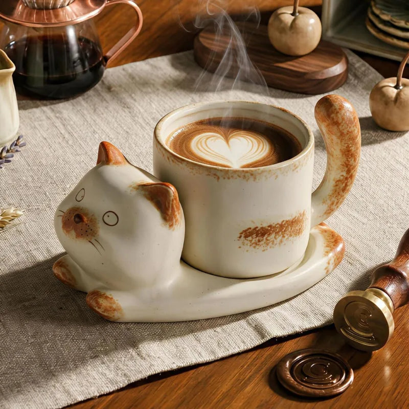 Ceramic Cat Coffee Mug Saucer Set Cute Cartoon Tea Cup Vintage Pottery Milk Cup Espresso Drinkware Home Cafe Gift Tableware